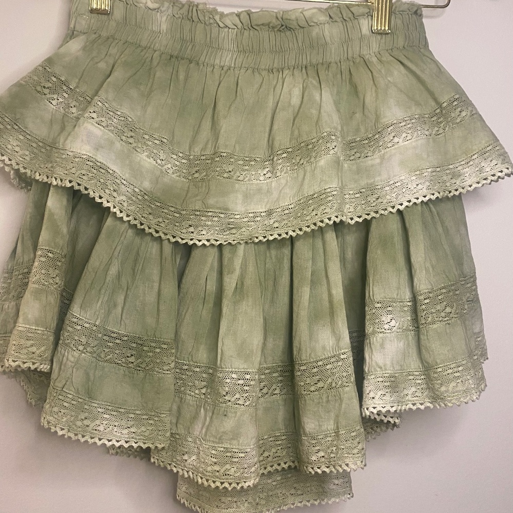LoveShackFancy Tiered Ruffle Mini Skirt Moss Green Hand Tie Dye Size XS
